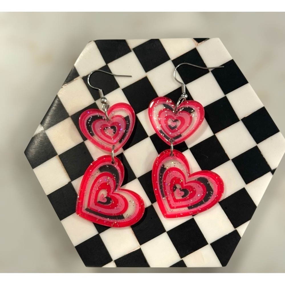 Red Heart‎ Dangle Earrings Kawaii Glitter Sparkle Statement Fun Fashion Jewelry